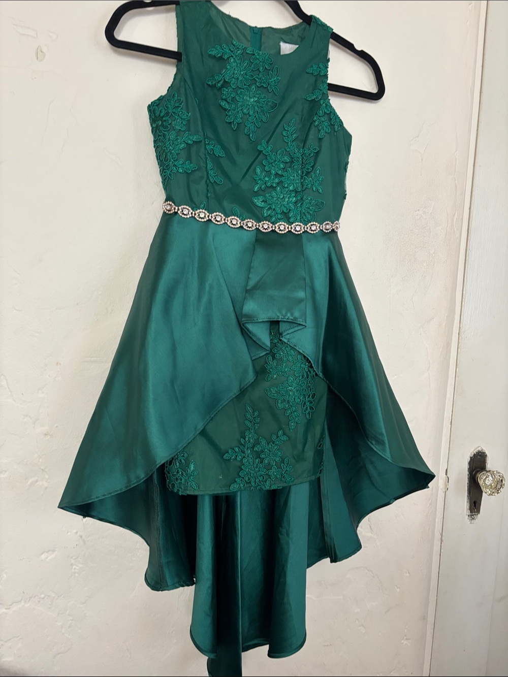 Rare Editions Emerald Green Lace High-Low Satin Dress with Jeweled Waist
